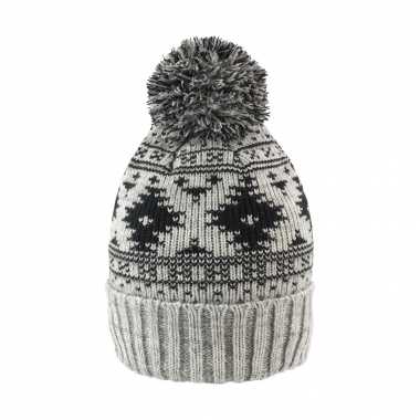 Gebreide luxe dames wintermuts met pom pom grijs/zwart