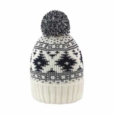 Gebreide luxe dames wintermuts met pom pom wit/navy