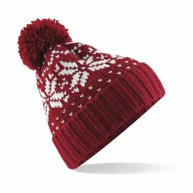 Gebreide nordic wintermuts met pom pom rood/wit