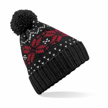 Gebreide nordic wintermuts met pom pom zwart/rood
