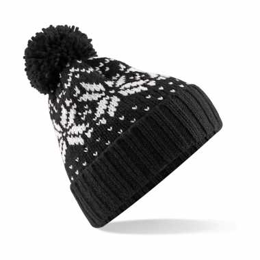 Gebreide nordic wintermuts met pom pom zwart/wit