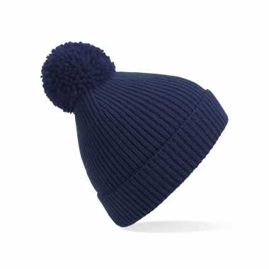 Gebreide wintermuts met pom pom donkerblauw