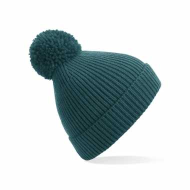 Gebreide wintermuts met pom pom emerald groen