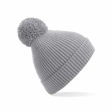 Gebreide wintermuts met pom pom lichtgrijs