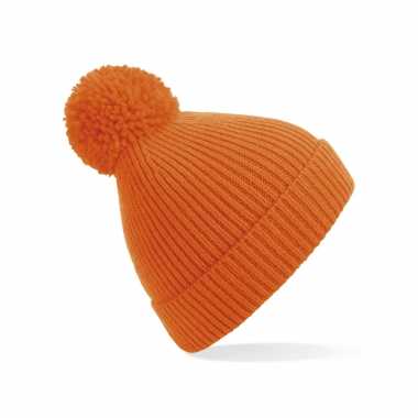 Gebreide wintermuts met pom pom oranje