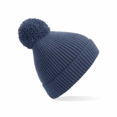 Gebreide wintermuts met pom pom staal blauw
