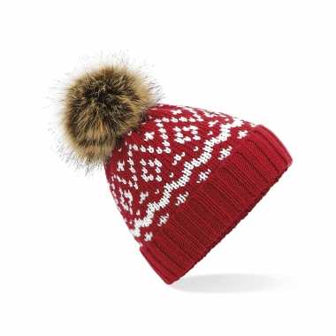 Luxe wintermuts met pom pom rood met wit