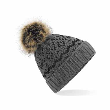 Luxe wintermuts met pom pom smoke grijs