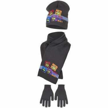 Ninja turtles antraciet kindermuts sjaal en handschoenen voor jongens