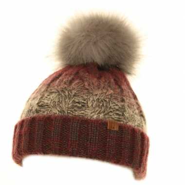Wintermuts gebreid bordeaux grijs gemeleerd