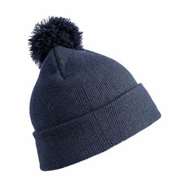 Wintermuts met pom pom donkerblauw