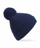 Gebreide wintermuts met pom pom donkerblauw