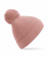 Gebreide wintermuts met pom pom roze