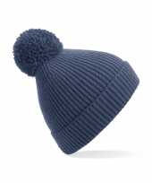 Gebreide wintermuts met pom pom staal blauw