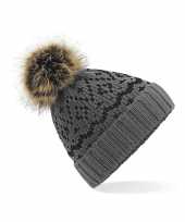 Luxe wintermuts met pom pom smoke grijs